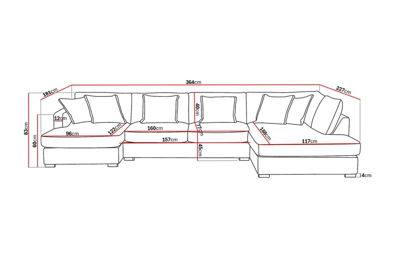 Rossita Lyx 5-sits Högervänd U-formad Extra djup Soffa med Divan och Schäslong i Tyg - Brun - Products - Möbler - Soffa - U-soffa