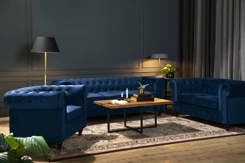 Chesterfield Lyx Soffgrupp 3+2+1 i Sammet - Mörklblå / Blå - Products - Möbler - Soffa - Soffgrupp - Chesterfield soffgrupp