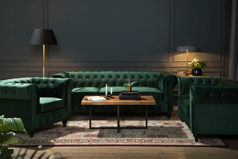 Chesterfield Lyx Stor skön djup sammetsfåtölj - Fåtölj till vardagsrum - Mörkgrön - Products - Möbler - Fåtölj & stolar - Fåtölj - Chesterfield fåtölj