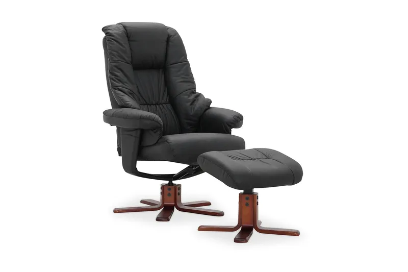 Comfy Snurrfåtölj med Fotpall, Svart/Läder/PVC