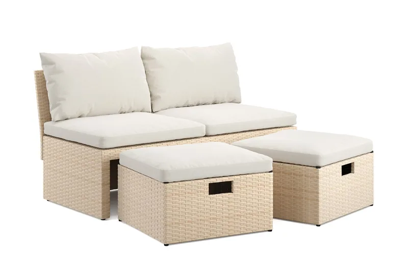 Bahamas Liten Balkongsoffa med dynor och pallar i konstrotting - Beige - Products - Utemöbler & utemiljö - Balkong & altan - Balkongmöbler - Balkongsoffa