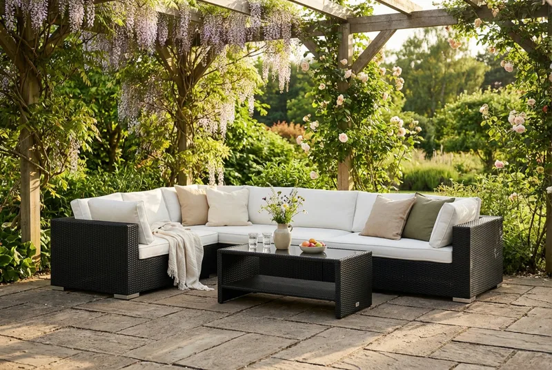 Bahamas L-formad utesoffa höger, 7-sits med bord och hylla - Svart - Products - Utemöbler & utemiljö - Loungemöbler - Loungeset & loungegrupp