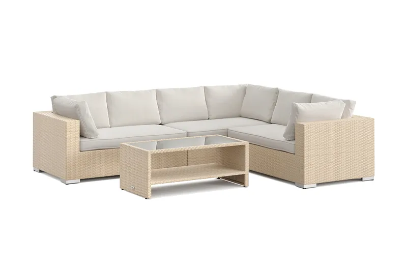 Bahamas L-formad utesoffa vänster, 6-sits med bord och hylla, Beige
