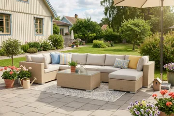 Bahamas U-formad utomhus loungegrupp 7-sits med vändbar divan och bord - Beige - Products - Utemöbler & utemiljö - Loungemöbler - Loungeset & loungegrupp