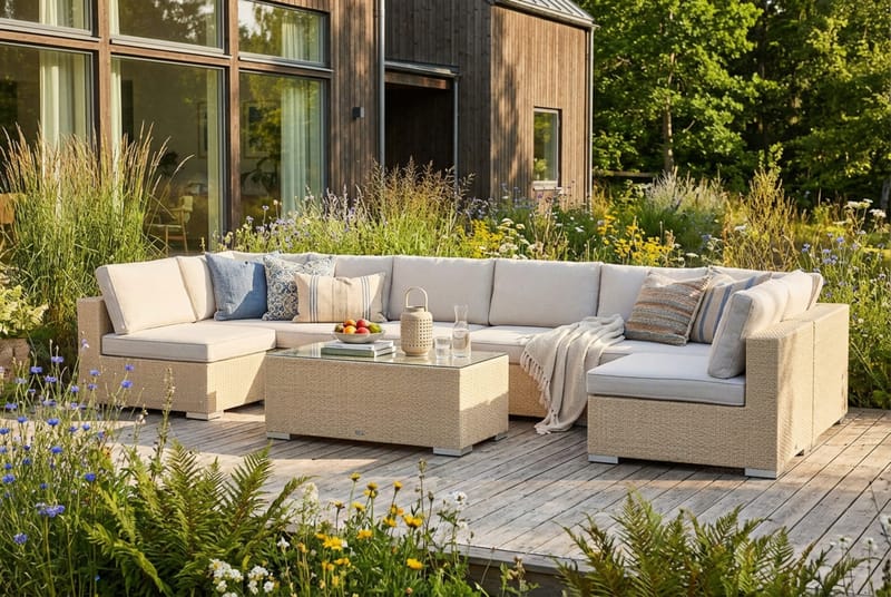 Bahamas U-formad utomhus loungegrupp med öppet avslut, 8-sits med bord - Beige - Products - Utemöbler & utemiljö - Loungemöbler - Loungeset & loungegrupp