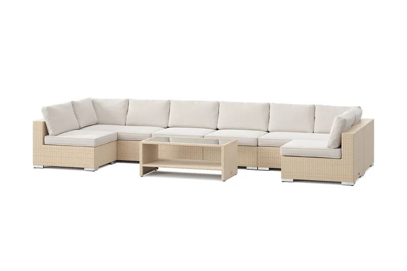 Bahamas U-formad utomhus loungegrupp med öppet avslut, 8-sits med bord och hylla, Beige