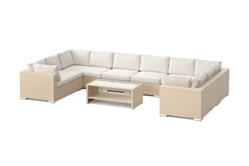 Bahamas U-formad utomhus loungegrupp med stängt avslut, 10-sits med bord och hylla, Beige