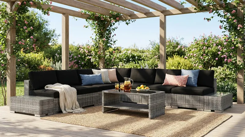 Bahamas utomhus hörnsoffa 7-sits vändbar med öppet avslut och bord med hylla - Grå - Products - Utemöbler & utemiljö - Loungemöbler - Loungeset & loungegrupp