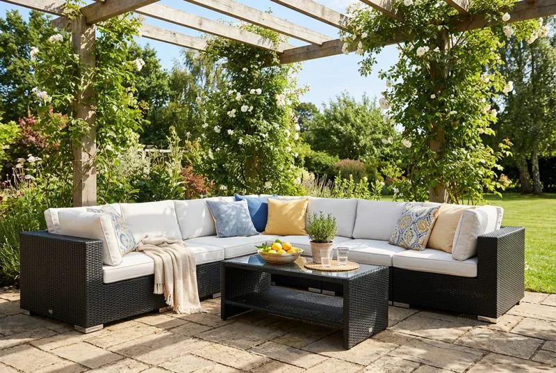 Bahamas utomhus hörnsoffa 7-sits vändbar och bord med hylla - Svart - Products - Utemöbler & utemiljö - Loungemöbler - Loungeset & loungegrupp
