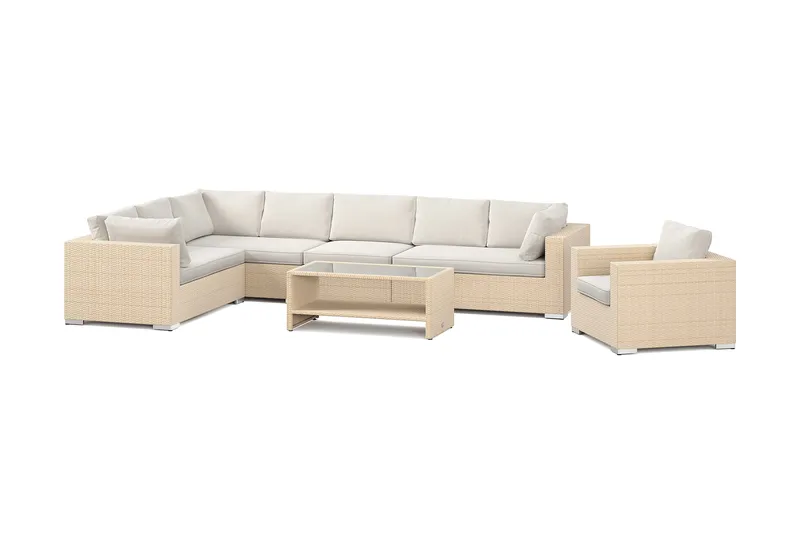 Bahamas utomhus L-soffa höger 8-sits med fåtölj och bord med hylla, Beige