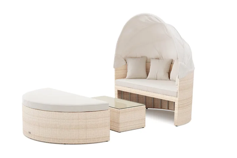 Florens Rund dubbel Solsäng med tak - Soffbord med glasskiva i konstrotting, Beige