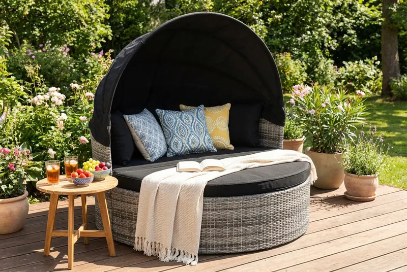 Florens Rund dubbel Solsäng med tak - Soffbord med glasskiva i konstrotting - Grå - Products - Utemöbler & utemiljö - Loungemöbler - Solbädd