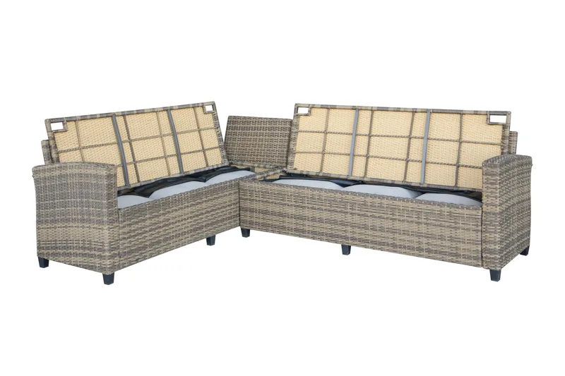 James Light Stor L-formad vändbar loungegrupp utomhus i konstrotting med förvaring och vita dynor - Brun / Beige - Products - Utemöbler & utemiljö - Loungemöbler - Loungeset & loungegrupp