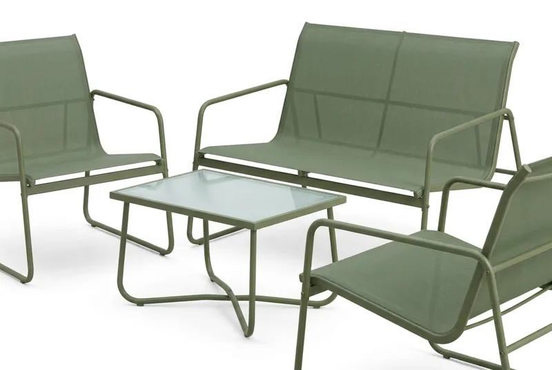 Pelanda Loungegrupp  - Soffa och 2 fåtöljer i stål soffbord med frostad glasskiva - Grön - Products - Utemöbler & utemiljö - Loungemöbler - Loungeset & loungegrupp