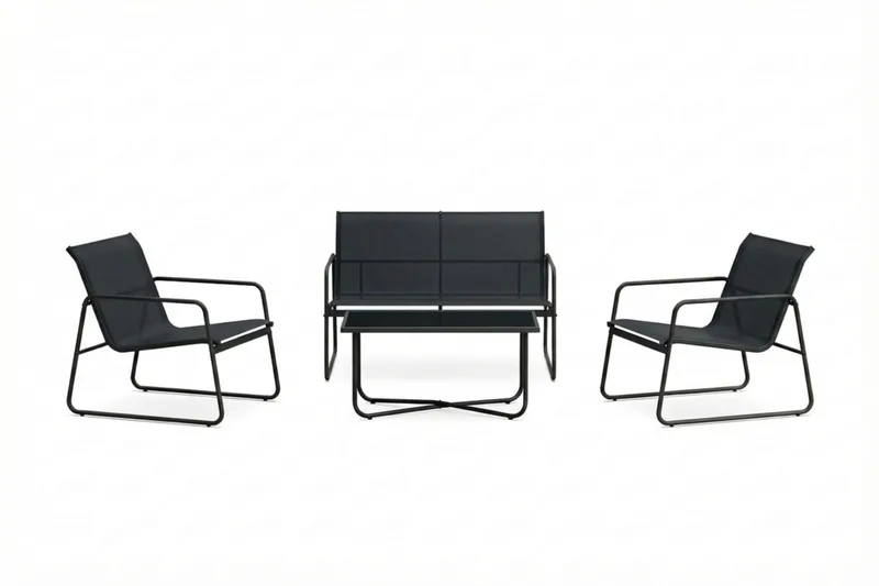 Pelanda Loungegrupp  - Soffa och 2 fåtöljer i stål soffbord med frostad glasskiva, Svart