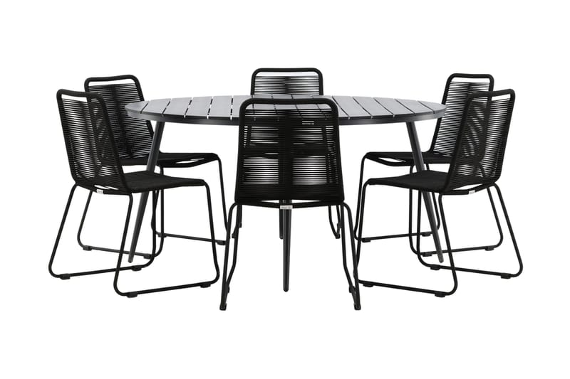Break Matgrupp Utomhus Rund Ø150cm + 6 Lindos Stapelbara Matstolar - Svart - Products - Utemöbler & utemiljö - Utegrupp - Matgrupp utomhus