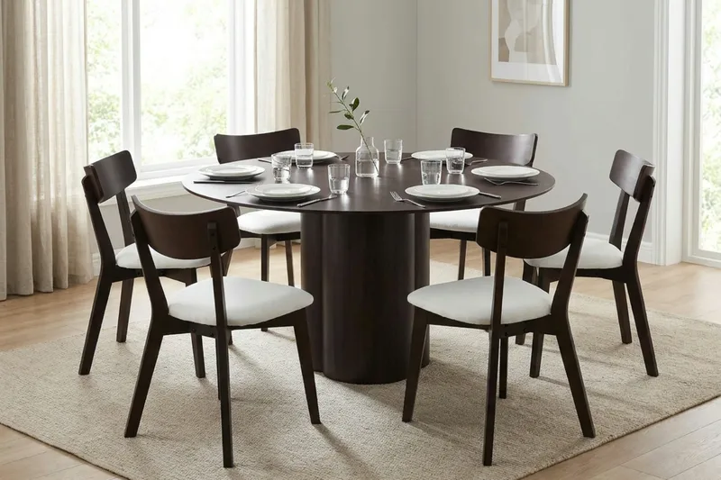 Juno Matgrupp 150 cm runt i Rökt Ek med 6 Amelia Matstolar med Dyna - Rökt Ek/Beige - Products - Utemöbler & utemiljö - Utegrupp - Matgrupp utomhus