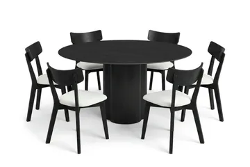 Juno Matgrupp 150 cm runt i Svart med 6 Amelia Matstolar med Dyna, Svart/Beige