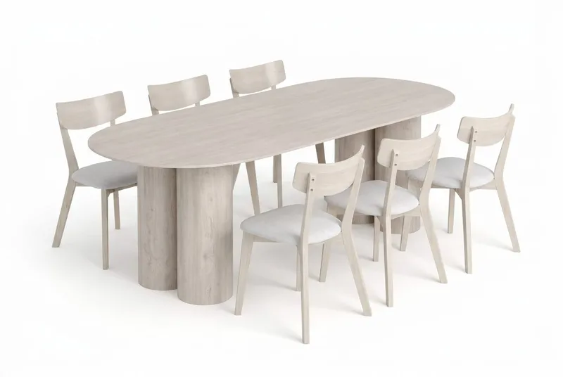 Juno Matgrupp 220 cm rektangulärt Vitlaserad med 6 Amelia Matstolar med Dyna - Vitlaserad/Beige - Products - Utemöbler & utemiljö - Utegrupp - Matgrupp utomhus