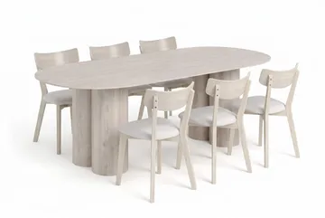 Juno Matgrupp 220 cm rektangulärt Vitlaserad med 6 Amelia Matstolar med Dyna, Vitlaserad/Beige