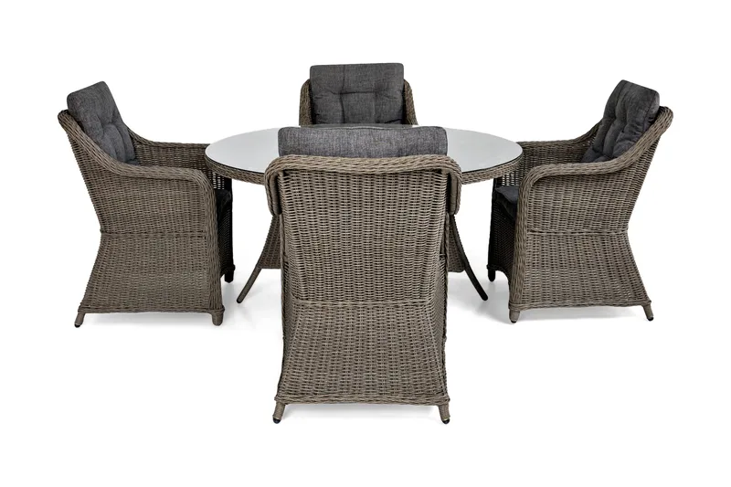 Marcus Matgrupp 140 Rund + 4 Fåtöljer m Dyna, Grå