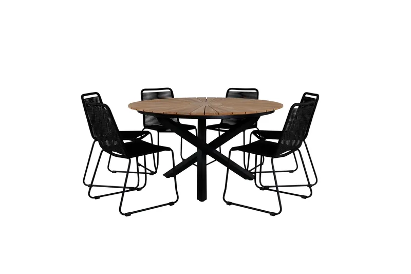 Mexico Matgrupp Utomhus Rund Ø140cm + 6 Lindos Stapelbara Matstolar - Svart - Products - Utemöbler & utemiljö - Utegrupp - Matgrupp utomhus