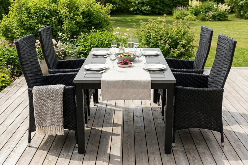 Monaco förlängningsbar matgrupp utomhus inkl. iläggskiva 150-250 cm med 4 Jenny ställbar matstol - Svart/Grå - Products - Utemöbler & utemiljö - Utegrupp - Matgrupp utomhus