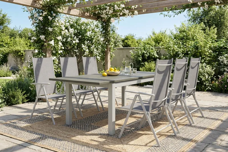 Monaco utomhus matgrupp förlängningsbart 150-250x90 med 6 Maggie positionsstolar - Vit/Grå - Products - Utemöbler & utemiljö - Utegrupp - Matgrupp utomhus