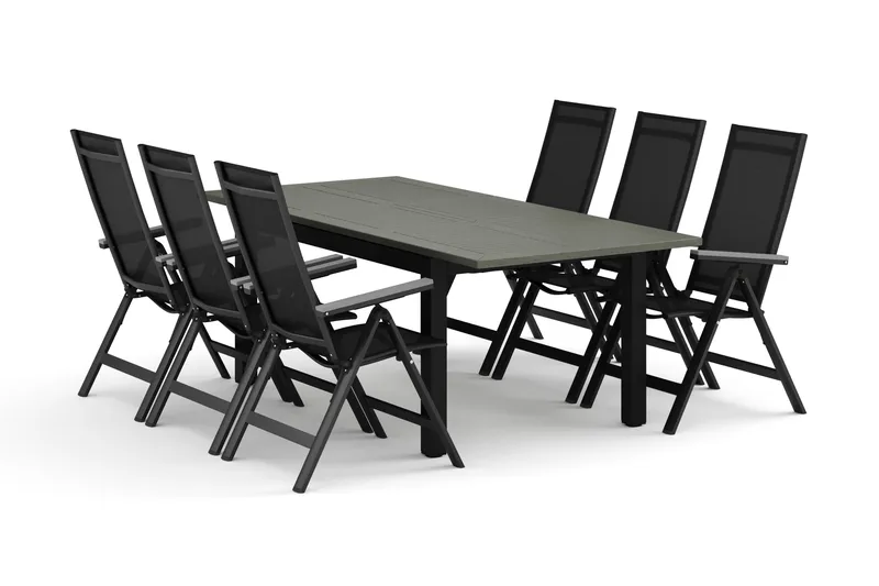Monaco utomhus matgrupp förlängningsbart 150-250x90 med 6 Monaco Light positionsstolar, Svart/Grå