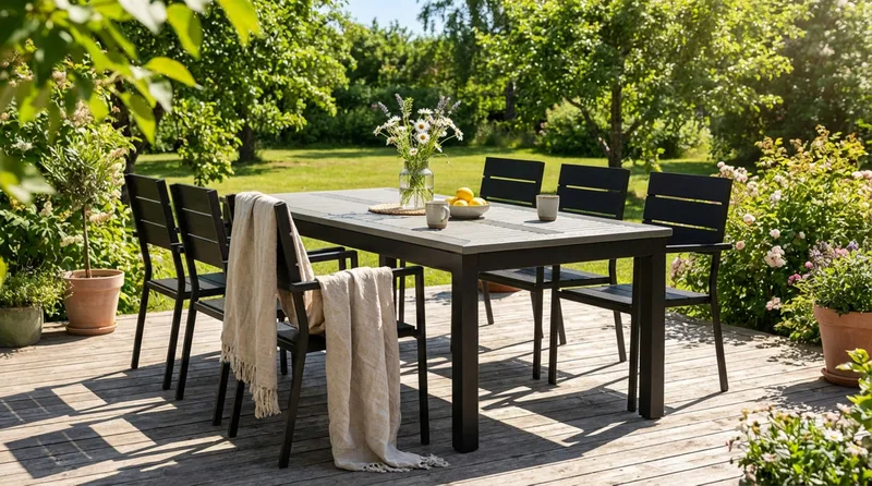Monaco utomhus matgrupp förlängningsbart 210/310x90 med 6 Tunis stapelstolar - Svart/Grå - Products - Utemöbler & utemiljö - Utegrupp - Matgrupp utomhus