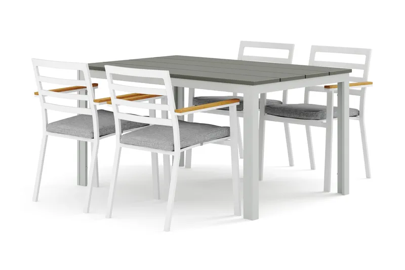 Tunis utomhus matgrupp 140x90 cm med 4 Oliver karmstolar med dyna, Vit/Grå