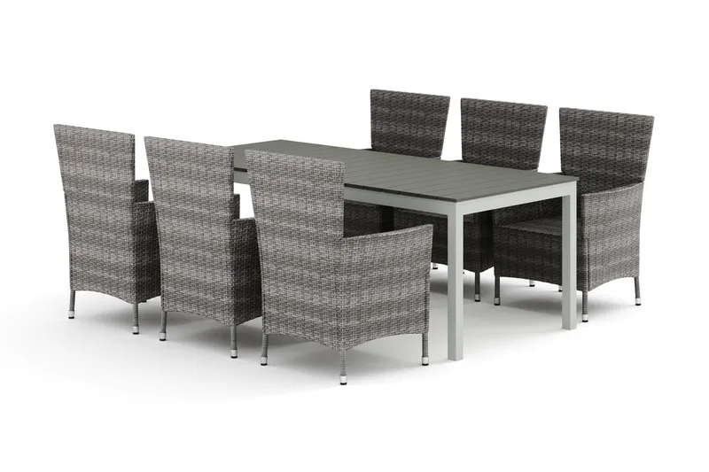 Tunis utomhus matgrupp förlängningsbart 205/305x90 cm med 6 Thor utefåtöljer, Vit/Grå