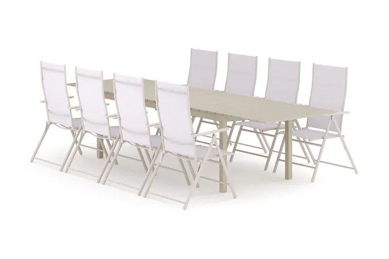 Tunis utomhus matgrupp förlängningsbart 205/305x90 cm med 8 Sanna positionsstolar, Beige/Beige
