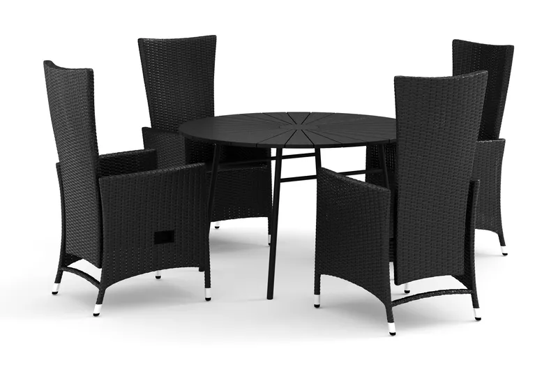 Tunis utomhus rund matgrupp 120 cm med 4 Jenny matstolar, Svart/Svart