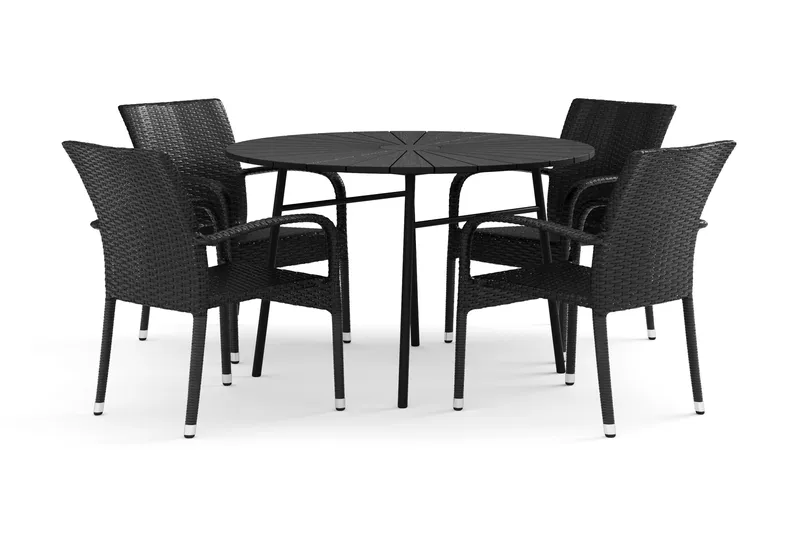 Tunis utomhus rund matgrupp 120 cm med 4 Thor Light utefåtöljer - Svart/Svart - Products - Utemöbler & utemiljö - Utegrupp - Matgrupp utomhus